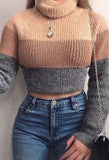 Ladies Contrast Stripe Turtle Neck Cropped Sweater
