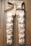 Men's Classic Snow Washed Regular Fit Khaki Ripped Jeans