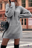 Turtle Neck Long Sleeve Ribbed Knit Pullover Sweater Mini Dress