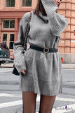 Turtle Neck Long Sleeve Ribbed Knit Pullover Sweater Mini Dress
