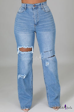 Ladies Jeans Fly High Rise Cut-Outs Full Length Flare Jeans