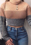 Ladies Contrast Stripe Turtle Neck Cropped Sweater