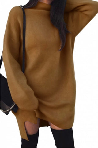 Plain High Neck Long Sleeve Dip Hem Mini Sweater Dress