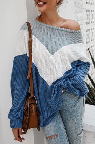 Womens Color Block Chevron Long Sleeve Pullover Sweater Knitwear