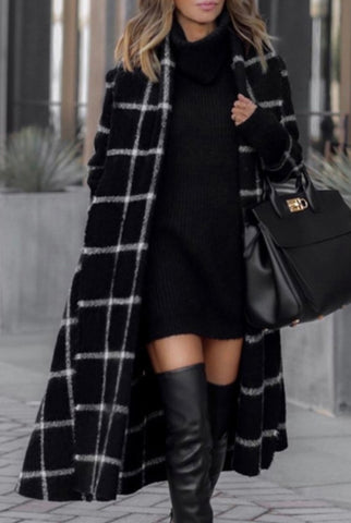 Womens Plaid Lapel Collar Woolen Coat