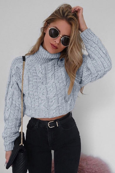 Casual Women's Plain Cable Knit Cropped Sweater